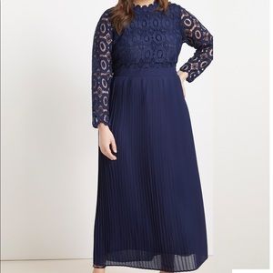 Navy Blue Lace Evening Dress with Pleated Skirt